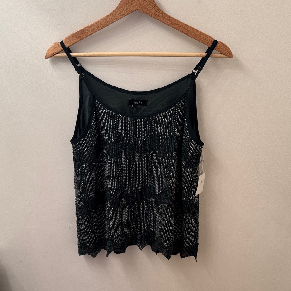 Deep green beaded spaghetti strap camisole style top.